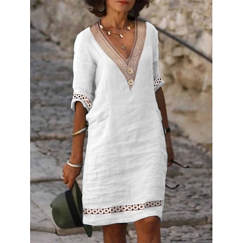 

Per donna Abito in cotone e lino Abito casual Vestito a trapezio Vestito longuette Misto cotone Classico Moderno Esterno Giornaliero A V Collage Pulsante Mezza manica Estate Primavera Autunno 2023