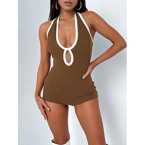 

Mujer Mono Espalda al Aire Alta cintura Color sólido Cuello halter Sensual Calle Diario Ajuste regular Sin Mangas Negro Marrón S M L Verano