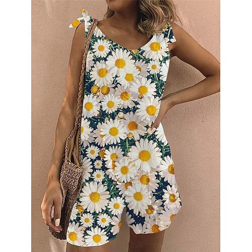 

Women's Romper Print Floral U Neck Casual Daily Vacation Regular Fit Sleeveless Black Yellow Navy Blue S M L Summer