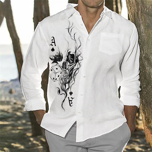 

Hombre Camisa camisa hawaiana Cráneos Estampados Póker Cuello Vuelto Blanco Exterior Calle Manga Larga Abotonar Estampado Ropa Moda Ropa de calle Design Casual