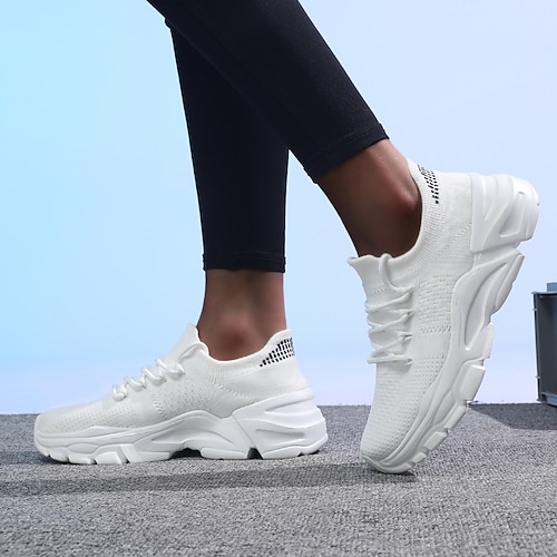 

Dame Treningssko Flyknit sko utendørs Daglig Snøring Flat hæl Rund Tå Fritid minimalisme Løp Flying Weaving Snøring Hvit
