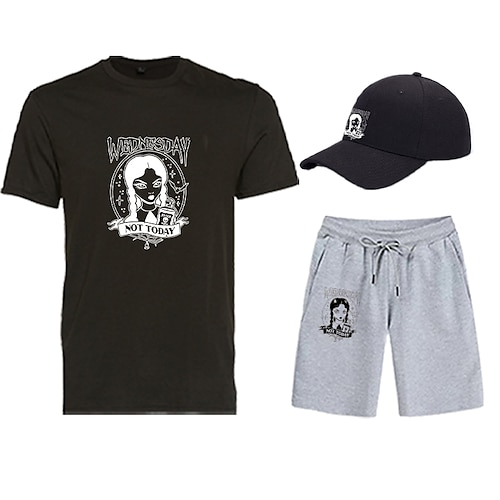 

Three Piece Printed T-Shirt Shorts Baseball Caps Co-ord Sets Wednesday Addams Graphic For Men's Adults' Outfits Matching Casual Daily Running Gym Sports