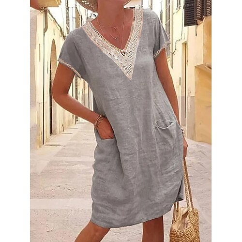 

Per donna Abito in cotone e lino Abito casual Vestito longuette Misto cotone Di tendenza Informale Esterno Giornaliero Da mare A V Pizzo Tasche Manica corta Estate Primavera 2023 Standard Grigio