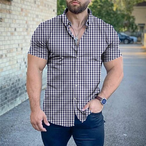 

Homens Camisa Social Xadrez Estampas Abstratas Aberto para a Lateral Vinho Azul Rua Casual Manga Curta Botão para baixo Imprimir Roupa Moda Roupa de rua Designer Macia