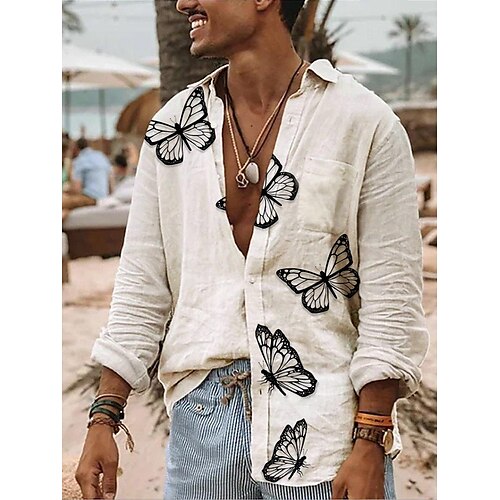 

Homme Chemise Papillon Imprimés Photos Col rabattu Blanche Extérieur Plein Air manche longue Bouton bas Imprimer Vêtement Tenue Mode Vêtement de rue Design Flexible