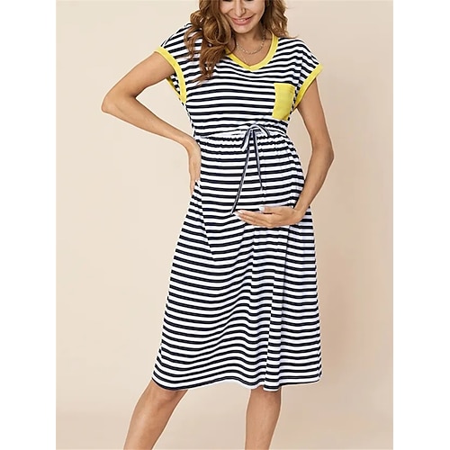 

Dame Mammakjole Uformell kjole Stripe Midikjole Kortermet Blondér Lomme V-hals Mote Daglig Blå Sommer Vår M L XL 2XL