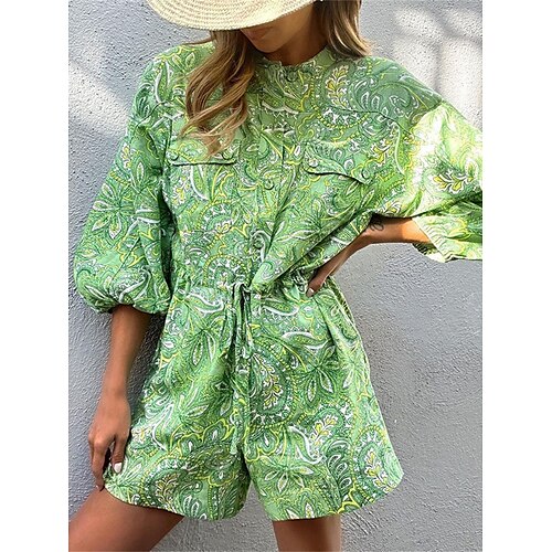 

Mujer Mono Acordonado Botón Floral Cuello Barco Ropa de calle Diario Vacaciones Holgado Manga 3/4 Verde Trébol S M L Verano