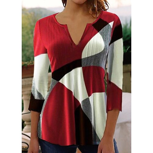 

Mulheres Camiseta Vermelho Bloco de cor Imprimir Manga 3/4 Casual Básico Decote V Padrão S