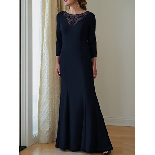 

A tubino Abito da cerimonia per signora Invitati del matrimonio Chiesa Festa Elegante Girocollo Lungo Chiffon elasticizzato Manica a 3/4 con Di pizzo A pieghe Perline 2023