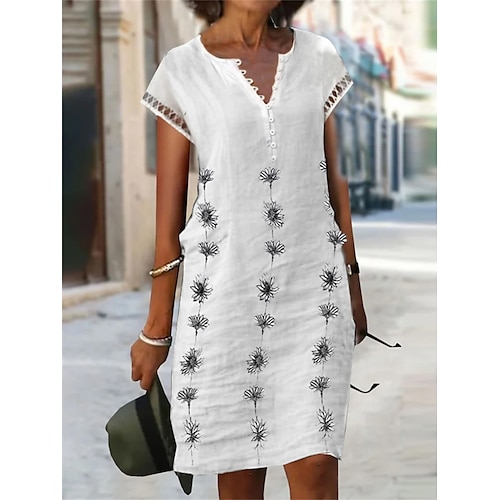 

Per donna Abito in cotone e lino Abito casual Vestito a trapezio Vestito longuette Misto cotone Di tendenza Informale Esterno Giornaliero Da mare A V Traforato Pulsante Manica corta Estate Primavera