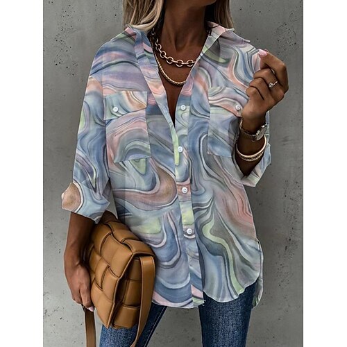 

Chemise Femme Arc-en-ciel Graphic Bouton Poche manche longue Casual Décontractées Plage Col de Chemise Normal Ample Géométrique S