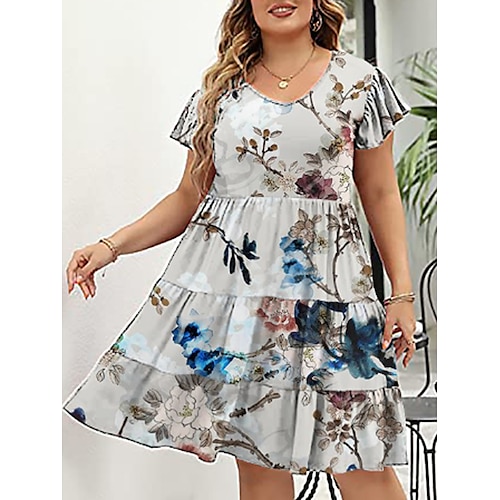 

Dame Store størrelser Uformell kjole Kjole med A-linje Blomstret Midikjole Kortermet Drapering Trykt mønster Crew-hals Romantikk Feriereise Svart Blå Sommer Vår L XL XXL 3XL 4XL