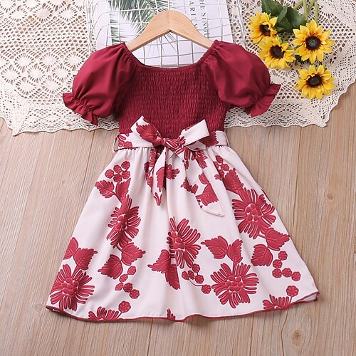 

Bambino Da ragazza Vestito Floreale Abito casual Sopra il ginocchio Vestito Informale Girocollo Manica corta Attivo Vestito 3-6 anni Estate Rosso