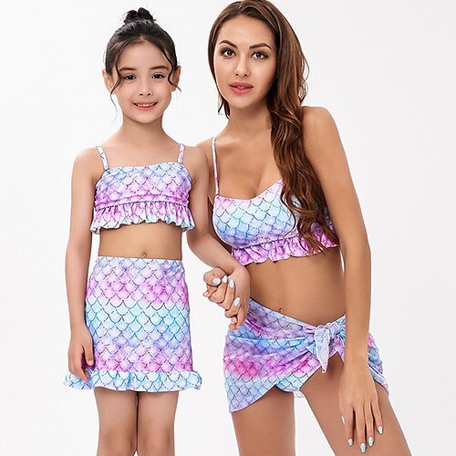 

3 pcs Badetøy Bikini Badedrakter Havfrue Dame Grafisk polyester Rosa BH Underbukser