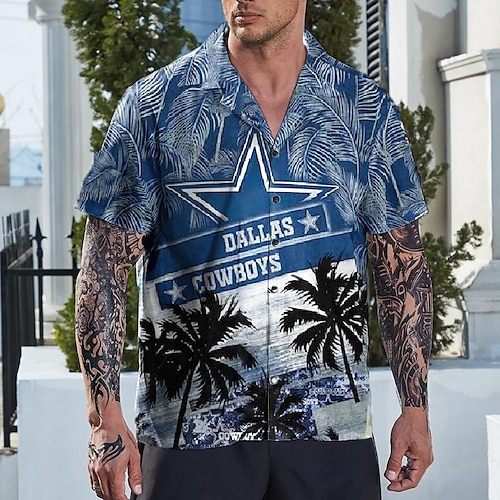 

Homens Camisa Social Camisa havaiana Coqueiro Estampas Abstratas colar cubano Azul Casual Havaiana Manga Curta Imprimir Roupa Esportes Moda Roupa de rua Designer