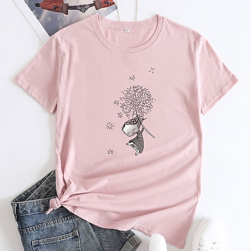 

Mulheres Camiseta Branco Verde Claro Rosa Gráfico dandelion Imprimir Manga Curta Diário Feriado Básico Decote Redondo Padrão 100% Algodão Pintura S