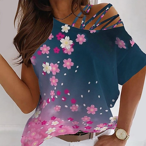 

Mujer Camiseta Negro Amarillo Rosa Leopardo Corazón Estampado Manga Corta Festivos Fin de semana Básico Un Hombro Regular Flor Pintura S