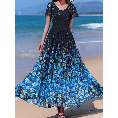 

Per donna Abito lungo Abito lungo Abito casual Abiti in chiffon Vestito svasato Floreale Di tendenza Romantico Giornaliero Per eventi Da mare Stampa Manica corta A V Vestito Standard Blu Estate