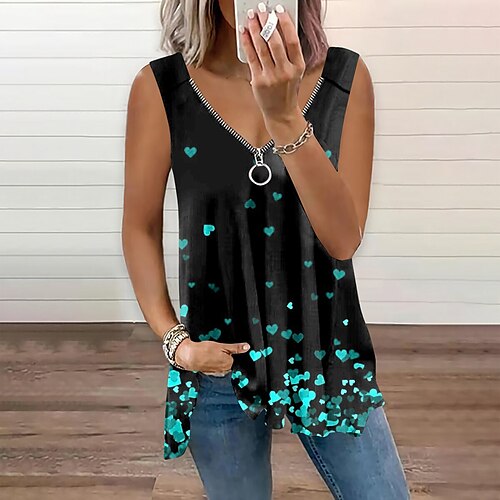 

Women's Tank Top Black Pink Green Floral Heart Quarter Zip Print Sleeveless Casual Weekend Basic V Neck Regular Floral S