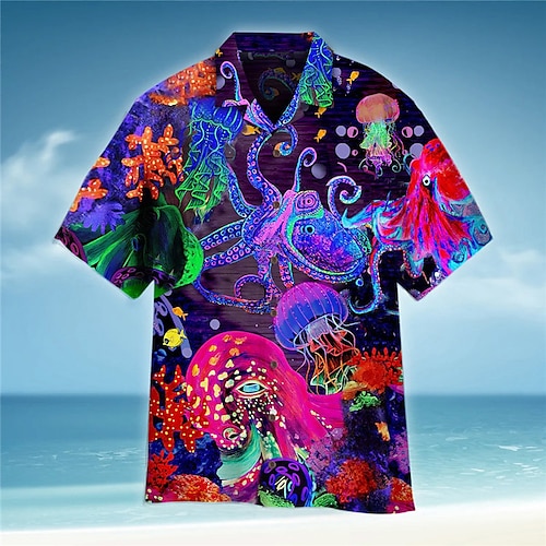 

Herren Hemd Hawaiihemd Sommerhemd Grafik-Drucke Oktopus Umlegekragen Purpur Strasse Casual Kurze Ärmel Button-Down Bedruckt Bekleidung Tropisch Modisch Strassenmode Hawaiianisch