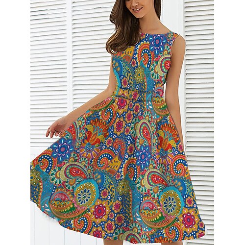 

dame vintage elegant vintage formel kjole midi formel kjole dagligt date ruched print blomster rund hals ærmeløs slank sommer forår 2023 blå s m l xl