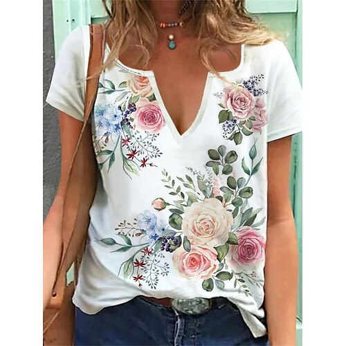 

Mulheres Camiseta Branco Floral Imprimir Manga Curta Feriado Final de semana Básico Decote V Padrão Tema Flores Pintura S