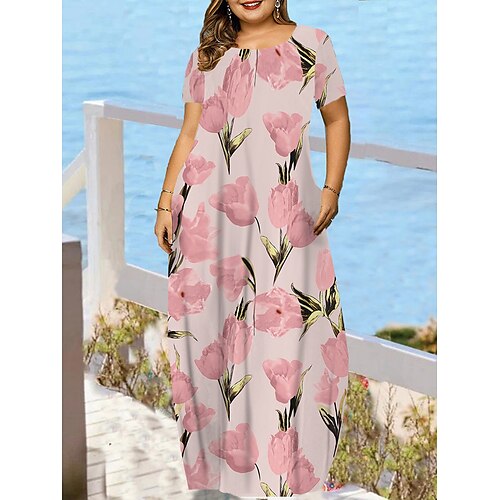 

abito maglione casual da donna taglie forti grafico floreale abito lungo maglione maxi abito maglione senza maniche tasca stampa girocollo moda quotidiano rosa profondo blu estate primavera l xl xxl