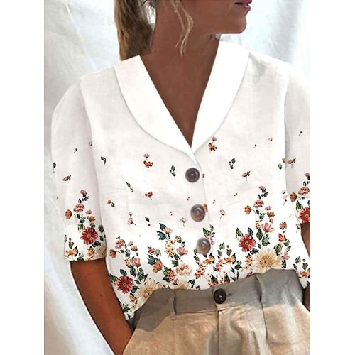 

Mujer Camisa Blusa Blanco Floral Botón Estampado Manga Corta Casual Festivos Básico Cuello Camisero Regular Flor S