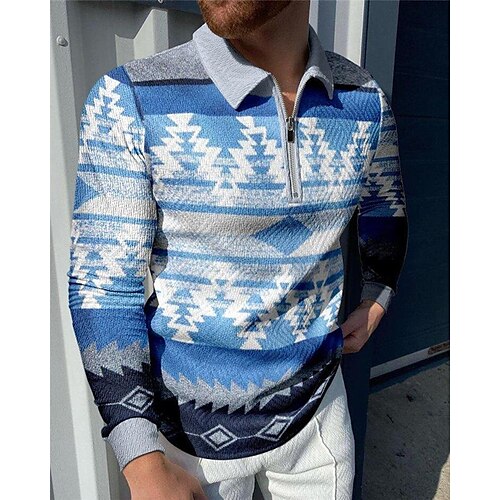 

Per uomo POLO Polo con zip Camicia da golf Golf Tribale Stampe astratte Vintage ▾ Geometria Collo ripiegabile Blu Esterno Strada Manica lunga Cerniera Stampa Abbigliamento Di tendenza Streetwear