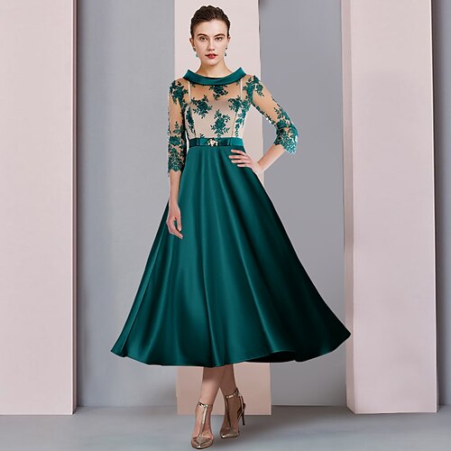 

Linea-A Abito da cerimonia per signora Formale Invitati del matrimonio Festa Elegante Girocollo Lunghezza tè Raso Di pizzo Manica a 3/4 con Con applique Spilla di cristallo 2023
