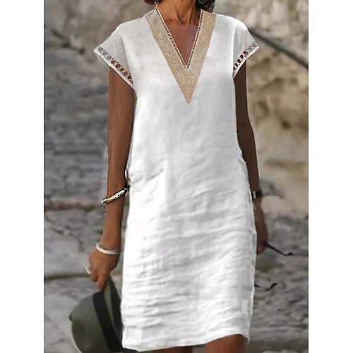 

Per donna Abito in cotone e lino Abito casual Vestito a trapezio Mini abito Misto cotone Essenziale Informale Esterno Giornaliero A V Pizzo Manica corta Estate Primavera 2023 Standard Bianco Liscio S