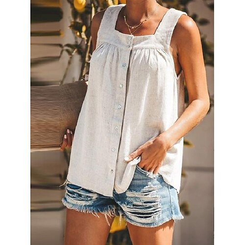 

Women's Tank Top Black Blue Green Plain Button Sleeveless Casual Streetwear Square Neck Regular Cotton S