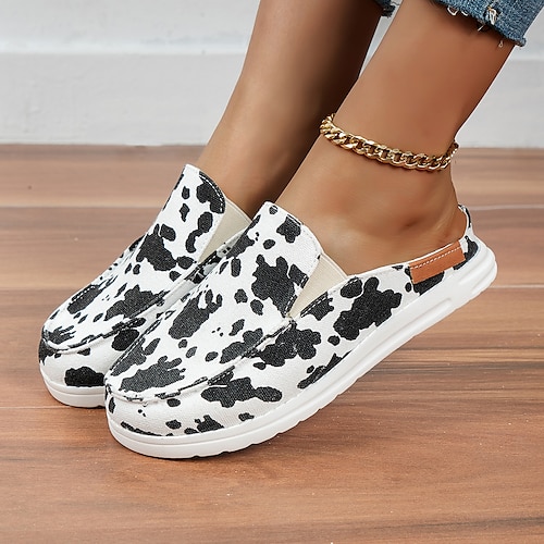 

Mulheres Sandálias Diário Sem Salto Ponta Redonda Clássico Caminhada Lona Mocassim Leopardo Branco / Preto Leopardo Amarelo