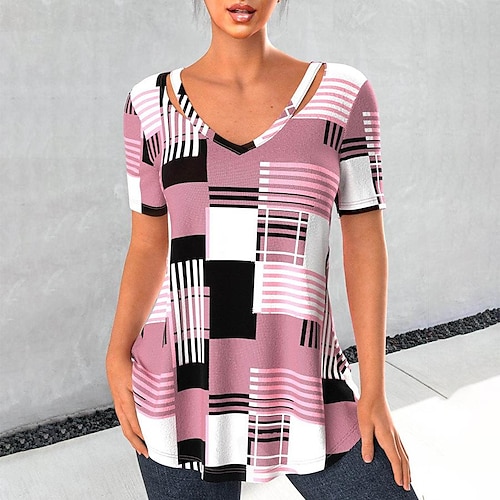 

Mujer Camiseta Negro Rosa Azul Piscina Floral Plaid Cortado Estampado Manga Corta Diario Fin de semana Básico Escote en Pico Largo Flor Geométrico adj. Pintura S