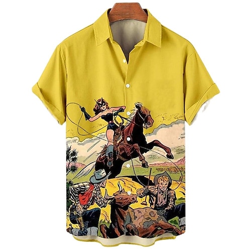 

Homme Chemise Chemise hawaïenne Imprimés Photos Rétro Vintage Cowboy Col rabattu Jaune Bleu Bleu Poudré Marron Plein Air Casual Manches courtes Bouton bas Imprimer Vêtement Tenue Rétro Vintage Mode