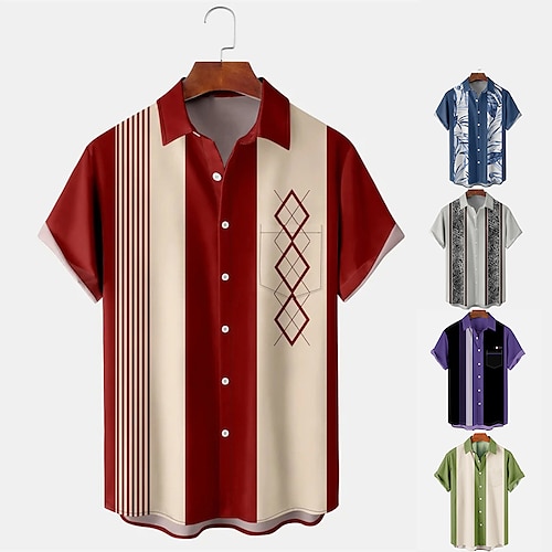 

Men's Summer Hawaiian Shirt Bowling Shirt Button Up Shirt Summer Shirt Casual Shirt Light Green Red Dark Navy Royal Blue Blue Short Sleeve Color Block Turndown Street Vacation Button-Down Clothing