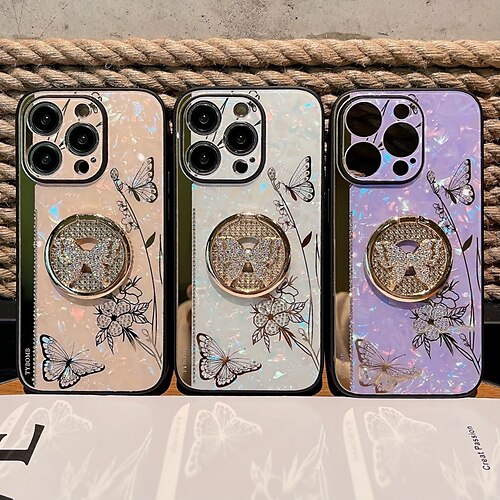 

telefon Etui Til Apple Bagcover iPhone 14 Pro Max Plus 13 12 11 Mini X XR XS 8 7 Støddæmperramme Rhinsten Ringholder Sommerfugl Glitterskin Blomst TPU PC