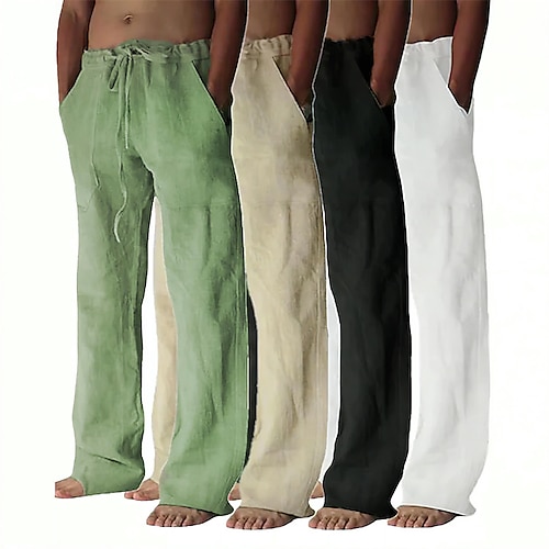 

Men's Linen Pants Trousers Summer Pants Pocket Drawstring Plain Comfort Breathable Full Length Yoga Casual Daily Basic Straight Loose Fit Black White Micro-elastic
