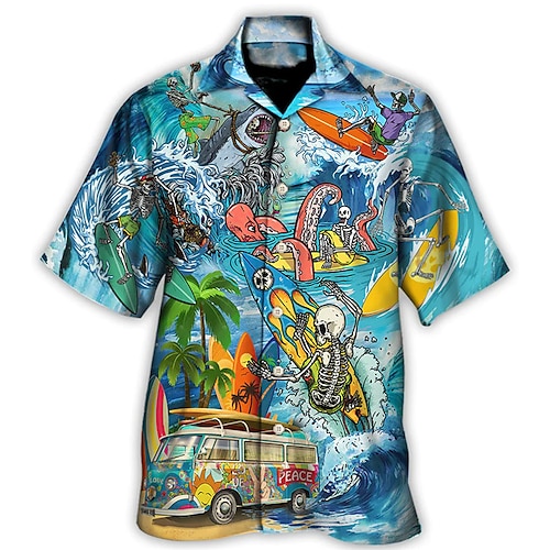 

Homens Camisa Social Camisa havaiana Caveiras Estampas Abstratas Ônibus colar cubano Azul Casual Havaiana Manga Curta Botão para baixo Imprimir Roupa Esportes Moda Roupa de rua Designer