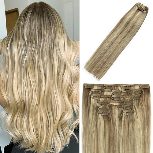 

clip in hair extensions menneskehår balayage blandet blegemiddel blond 70g 22inch #18p613 remy hair extensions 7stk