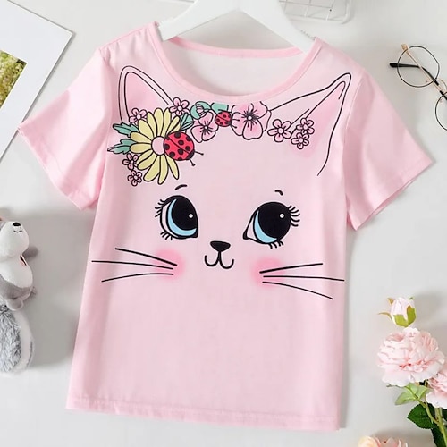 

Bambino Da ragazza maglietta Gatto Informale Manica corta Girocollo Attivo 7-13 anni Primavera Rosa