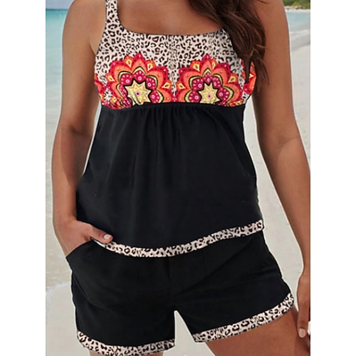 

Mulheres Roupa de Banho Tankini 2 partes Tamanho Grande roupa de banho 2 Peças Estampado Leopardo Preto Malha Íntima Fatos de banho Esportivo Roupa de Praia Verão