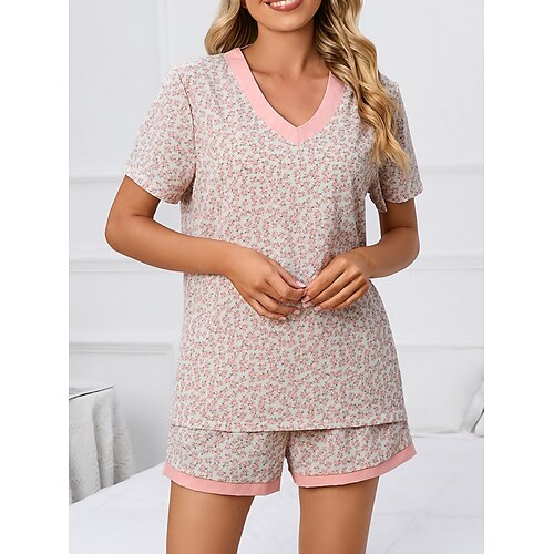 

Dame Plusstørrelser Pyjamas Pyjamas top og bukser Sæt Blomst Afslappet Komfort Sød Hjem Daglig Seng Polyester Åndbart V-strop Kortærmet T-shirt Shorts Lomme Sommer Forår Sort Gul