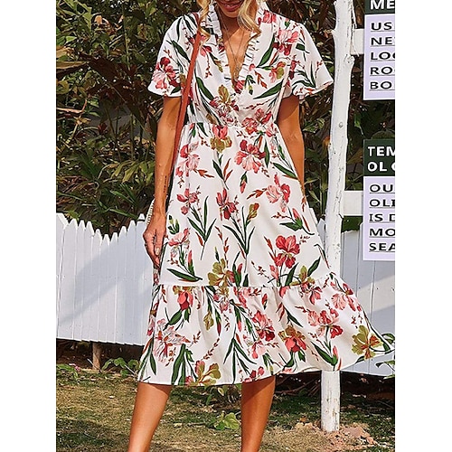 

Dame Afslappet påklædning Swing Kjole Sommerkjole Blomstret Krøllede Folder Trykt mønster V-hals Midikjole Mode Gade udendørs Daglig Kortærmet Løstsiddende Hvid Sommer Forår S M L XL XXL