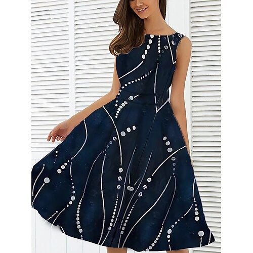 

Dame Årgang Elegant Vintage kjole Midikjole Daglig Stevnemøte Rynket Trykt mønster Geometrisk Crew-hals Ermeløs Tynn Sommer Vår 2023 Navyblå S M L XL