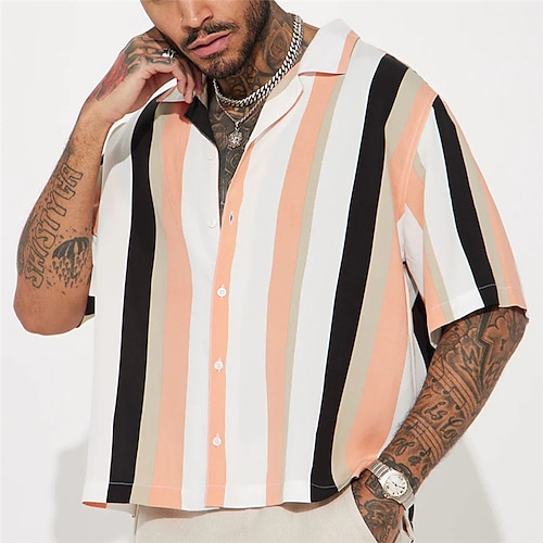 

Men's Shirt Summer Hawaiian Shirt Striped Graphic Prints Cuban Collar Apricot Casual Holiday Short Sleeve Button-Down Print Clothing Apparel Sports Fashion Streetwear Designer