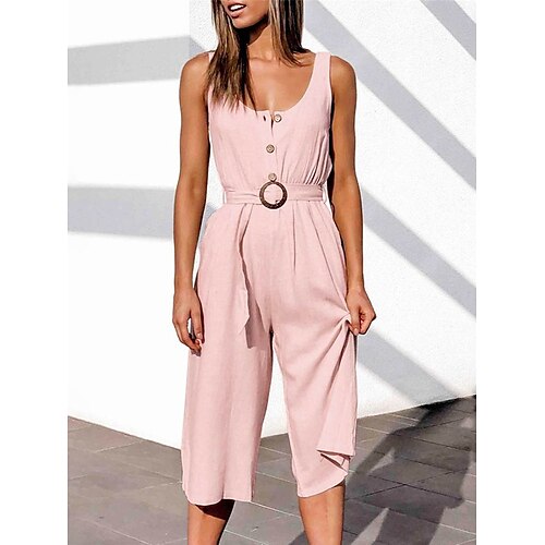 

Combinaison Femme Lacet Bouton Couleur unie Col en U Vêtement de rue Intérieur du quotidien Standard Sans Manches Rose Claire S Eté