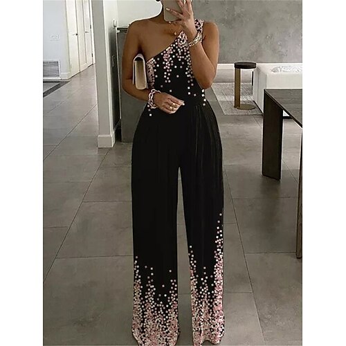 

Women's Jumpsuit Backless High Waist Floral One Shoulder Streetwear Office Street Regular Fit Sleeveless Black White Yellow S M L Summer