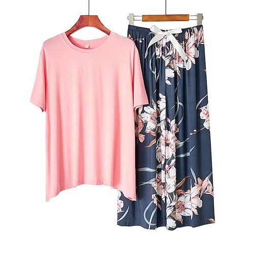 

Dame Loungewear Sæt Blomst Afslappet Blødt Hjem Daglig Polyester Sommer Forår Hvide blomster Hvide grønne blade