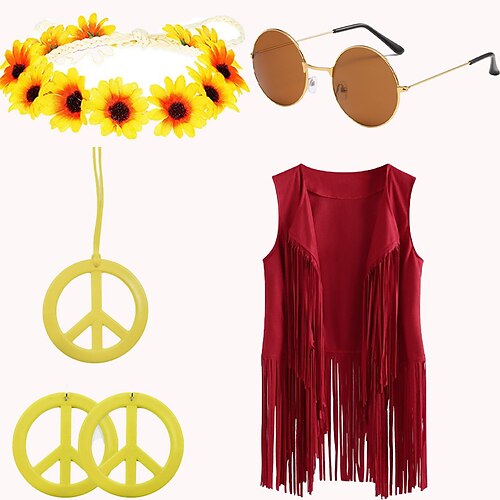 

Hippie Retro Vintage 1960s 1970s Accesories Set Suede Vest Women's Tassel Fringe Costume Vintage Cosplay Vest